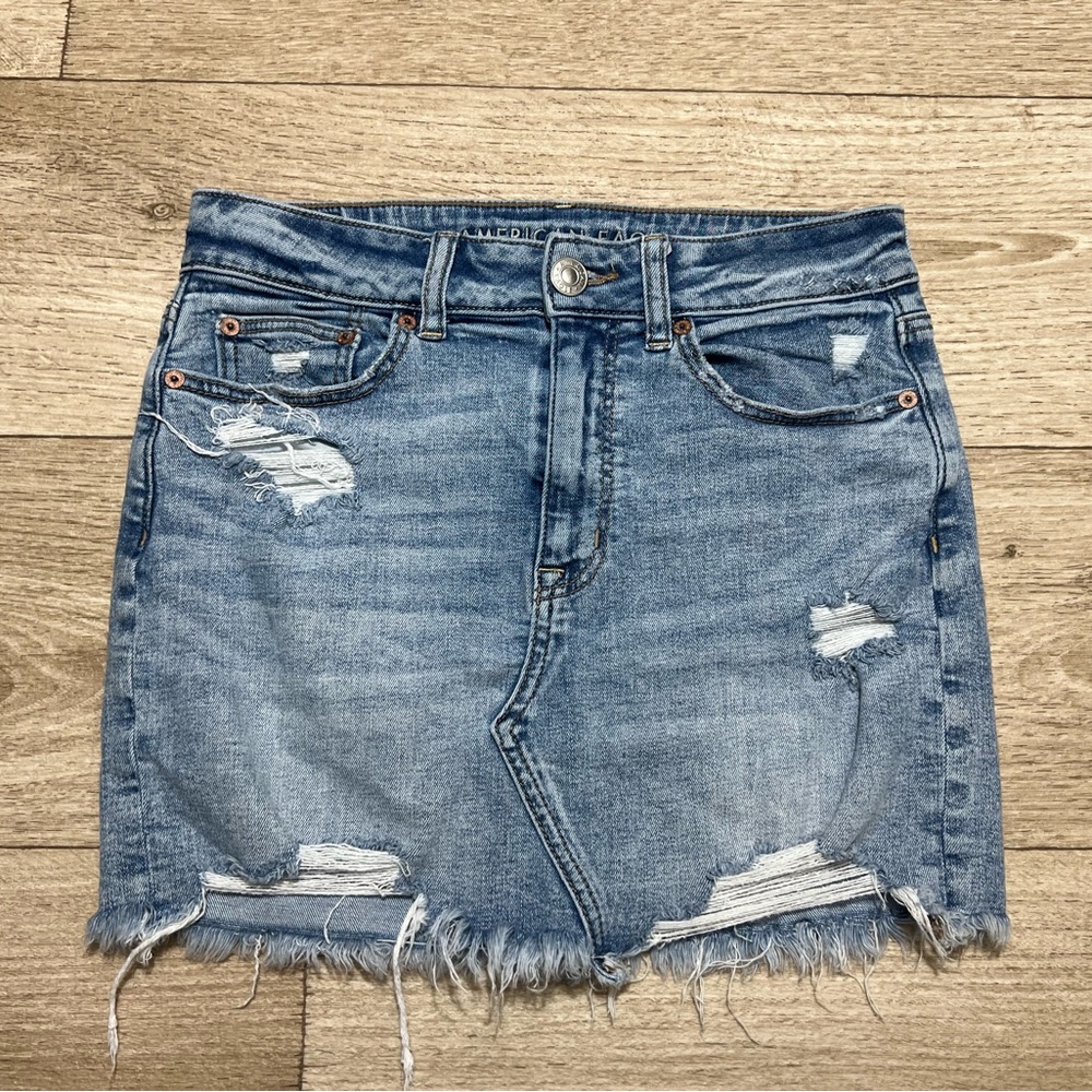 American Eagle Super Stretch Hi-Rise Denim Jean Mini Skirt Distressed Sz 6